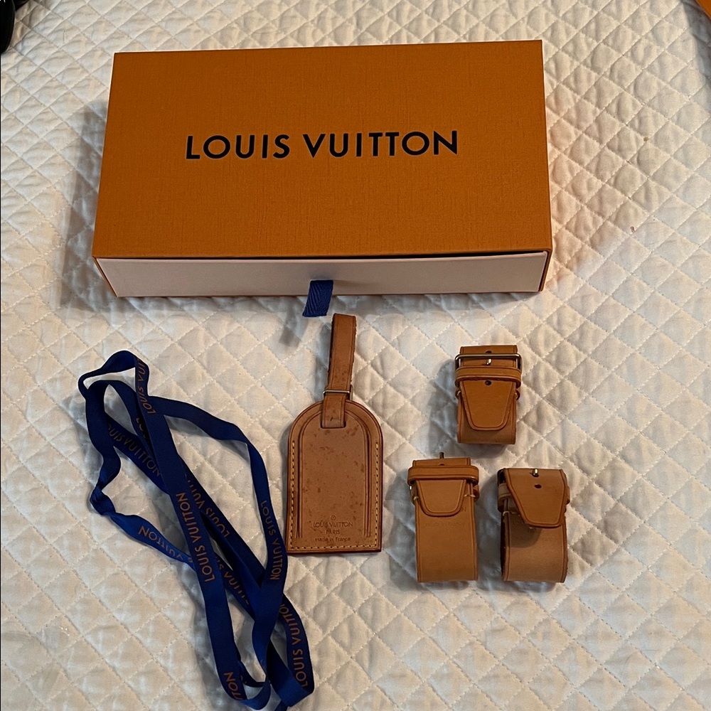 Louis Vuitton Orange Box with Tan Leather Tags and Navy Ribbon